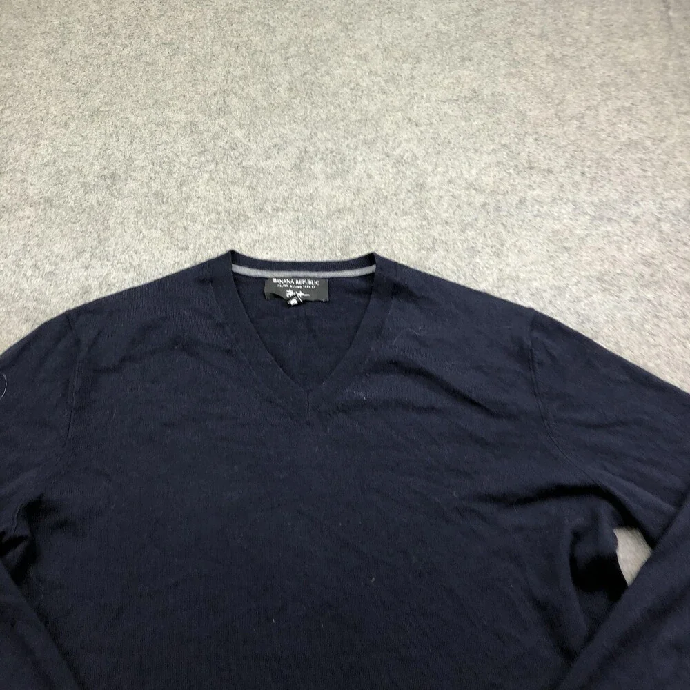 Banana Republic Sweater Mens Large Blue V Neck Italian Merino Wool Knit Pullover
